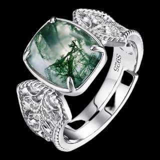 S925 Sterling Silver Moss Agate Ring