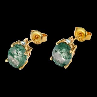 S925 Sterling Silver Moss Agate Stud Earrings (Pair)